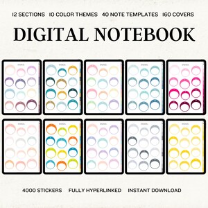 May include: A digital notebook with 12 sections, 10 color themes, 40 note templates, 160 covers, and 4000 stickers. The notebook is fully hyperlinked and available for instant download. The image shows a preview of the notebook's different sections and color themes.
