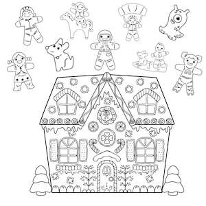 Puede incluir: Una ilustración en blanco y negro de una casa de jengibre con decoraciones de caramelo. Hay figuras de jengibre, un perro, un monstruo, un astronauta y una persona con un paracaídas volando alrededor de la casa.