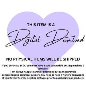 Op de afbeelding: Een digitale downloadafbeelding met de tekst "THIS ITEM IS A Digital Download" in een lichtpaarse hartvorm. De tekst "NO PHYSICAL ITEMS WILL BE SHIPPED" staat onder het hart.