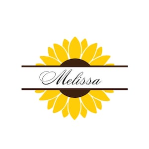 May include: A yellow sunflower with a brown center is split in half by a white banner with the name "Melissa" written in black cursive.