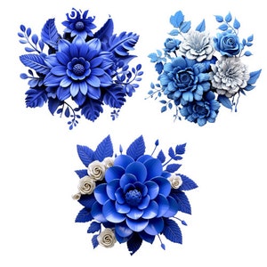 Blauwe bloem illustraties, 3D illustraties, bruiloft bloemen, koningsblauw bloemenboeket, kaart ambachtelijke PNG transparante achtergrond digitale download