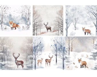 Christmas Woodland Watercolor Clipart Bundle PNG Festive Forest Images, Holiday Cozy Graphics, Winter Woodland Animals Digital Paper PNG