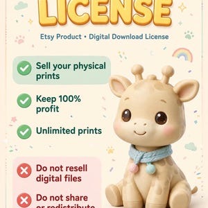 Puede incluir: Un folleto de licencia comercial de descarga digital con una figura de jirafa beige con una bufanda azul. El texto dice: COMMERCIAL LICENSE, Etsy Product, Digital Download License, Sell your physical prints, Keep 100% profit, Unlimited prints, Do not resell digital files, Do not share or redistribute, STLForge Studio, Digital License Flyer, 2024.