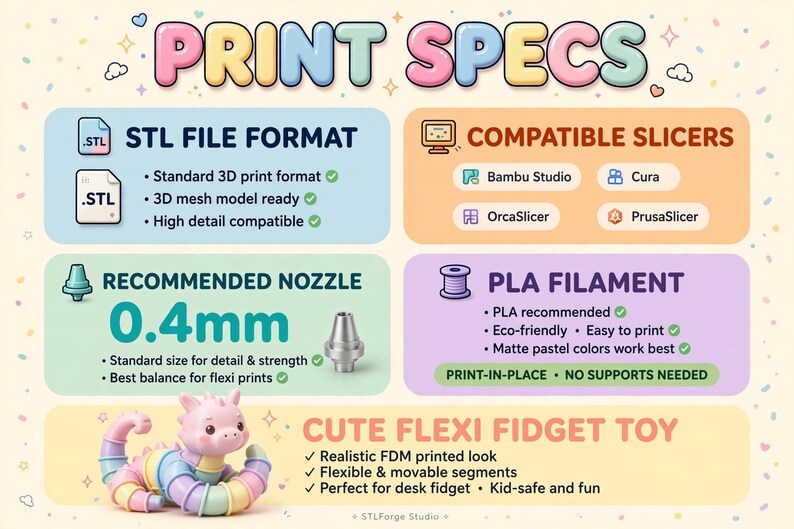 May include: An infographic titled PRINT SPECS detailing 3D printing requirements for a flexi fidget toy. It lists STL file format, compatible slicers including Bambu Studio, Cura, OrcaSlicer, and PrusaSlicer, a 0.4mm nozzle recommendation, and PLA filament usage.