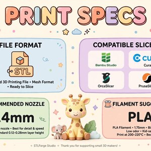 Puede incluir: Una infograf&iacute;a titulada PRINT SPECS que muestra una figura 3D de una jirafa y un elefante. Enumera el formato de archivo STL, cortadores compatibles como Bambu Studio, Cura, OrcaSlicer y PrusaSlicer, una boquilla de 0,4 mm y filamento PLA.