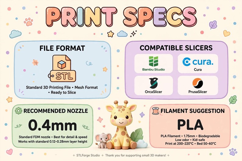 Puede incluir: Una infograf&iacute;a titulada PRINT SPECS que muestra una figura 3D de una jirafa y un elefante. Enumera el formato de archivo STL, cortadores compatibles como Bambu Studio, Cura, OrcaSlicer y PrusaSlicer, una boquilla de 0,4 mm y filamento PLA.