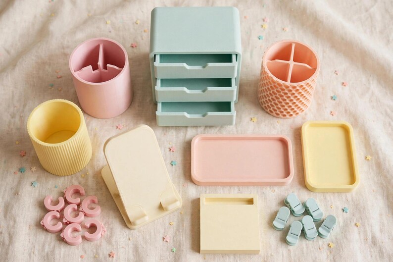 May include: A collection of pastel desk accessories including a light blue three-drawer organiser, two cylindrical pen holders in pink and yellow, a textured peach pen holder, two rectangular trays, a phone stand, and small pink and blue clips.