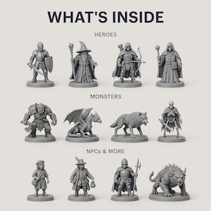 Puede incluir: Una colecci&oacute;n de doce miniaturas grises de fantas&iacute;a para juegos de mesa, dispuestas en tres filas bajo el texto WHAT'S INSIDE. Las filas est&aacute;n etiquetadas como HEROES, MONSTERS y NPCs & MORE, e incluyen personajes como un caballero y un drag&oacute;n.