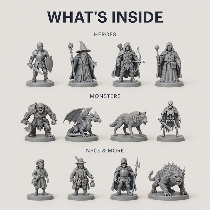 Puede incluir: Una colecci&oacute;n de doce miniaturas grises de fantas&iacute;a para juegos de mesa, dispuestas en tres filas bajo el texto WHAT'S INSIDE. Las filas est&aacute;n etiquetadas como HEROES, MONSTERS y NPCs & MORE, e incluyen personajes como un caballero y un drag&oacute;n.
