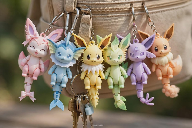 May include: A collection of six articulated character keychains featuring pastel-colored creatures with large ears and tails. The figures include pink, blue, yellow, light green, purple, and tan designs, each attached to a silver metal keyring.