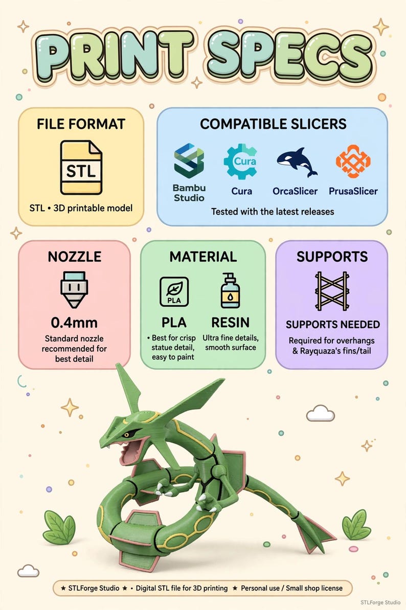 K&ouml;nnte beinhalten: Eine Infografik mit dem Titel PRINT SPECS f&uuml;r ein 3D-druckbares STL-Modell einer gr&uuml;nen und rosafarbenen drachenartigen Kreatur. Sie listet kompatible Slicer, eine 0,4-mm-D&uuml;se, PLA- und Harzmaterialien sowie St&uuml;tzstrukturen auf.