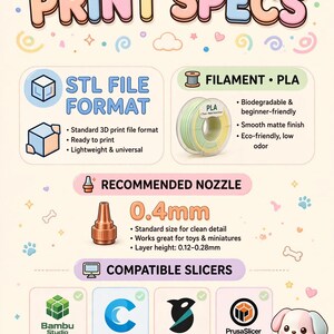 May include: An informational graphic titled PRINT SPECS detailing 3D printing requirements. It lists STL file format, PLA filament, a 0.4mm nozzle, and compatible slicers including Bambu Studio, Cura, OrcaSlicer, and PrusaSlicer, featuring a cartoon puppy.