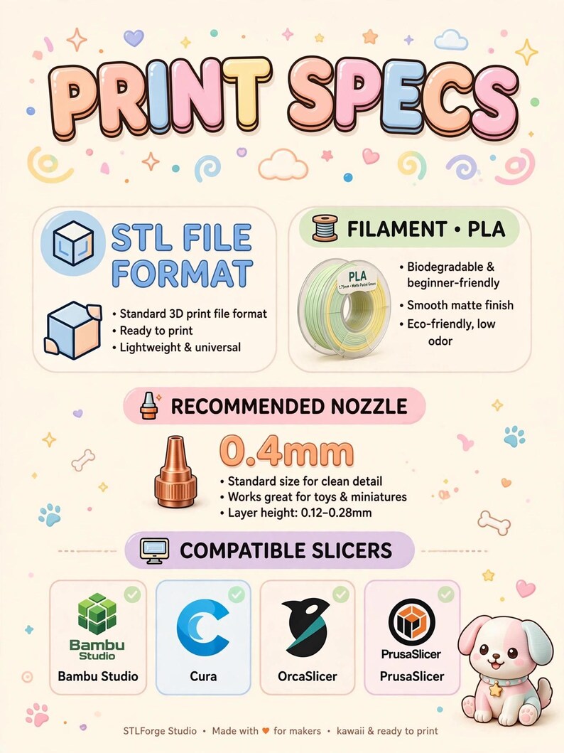 May include: An informational graphic titled PRINT SPECS detailing 3D printing requirements. It lists STL file format, PLA filament, a 0.4mm nozzle, and compatible slicers including Bambu Studio, Cura, OrcaSlicer, and PrusaSlicer, featuring a cartoon puppy.