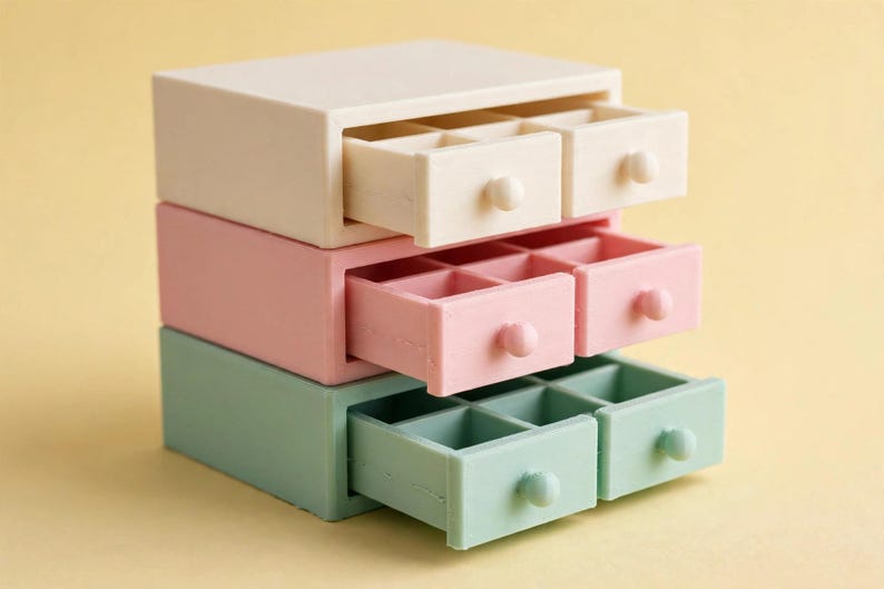 May include: A stack of three rectangular storage organisers in cream, light pink, and sage green. Each unit features two pull-out drawers with small round knobs, and each drawer is divided into six small square compartments for organised storage.