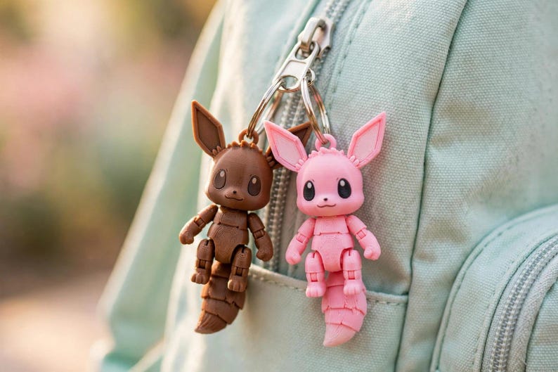 May include: Two articulated keychains attached to a metal ring, featuring one brown and one pink creature with large pointed ears, round eyes, and segmented tails. The figures have movable joints at the shoulders, elbows, hips, and knees.