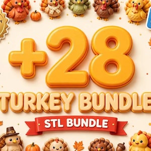 Pu&ograve; includere: Una grafica digitale che mostra il testo +28 TURKEY BUNDLE e STL BUNDLE su un nastro rosso. L'immagine include un sigillo dorato con l'etichetta HIGH QUALITY STL FILES e un cartellino blu con INSTANT DOWNLOAD, circondato da figure di tacchini.