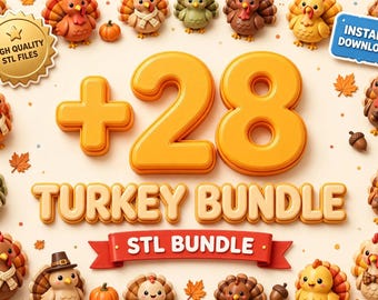 Puede incluir: Un gráfico digital que muestra el texto +28 TURKEY BUNDLE y STL BUNDLE en una cinta roja. La imagen incluye un sello dorado con la etiqueta HIGH QUALITY STL FILES y una etiqueta azul con INSTANT DOWNLOAD, rodeado de figuras de pavos.