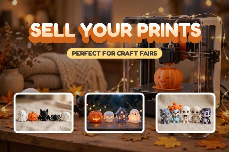 May include: A 3D printer creating an orange pumpkin figure, with text reading SELL YOUR PRINTS and PERFECT FOR CRAFT FAIRS. Below are three images showing small Halloween-themed figurines including ghosts, pumpkins, skulls, and various creatures.