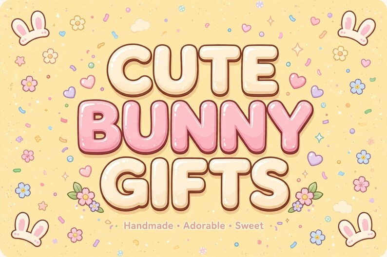 May include: A rectangular graphic with a pale yellow background featuring the text CUTE BUNNY GIFTS in large, rounded, cream-colored letters with pink accents. The design includes small bunny ears, flowers, hearts, and sprinkles scattered throughout.