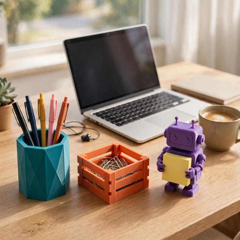 May include: A teal geometric pen holder containing five pens, an orange square crate filled with silver paper clips, and a purple robot figurine holding a yellow square sticky note, all arranged on a wooden desk surface near a laptop.