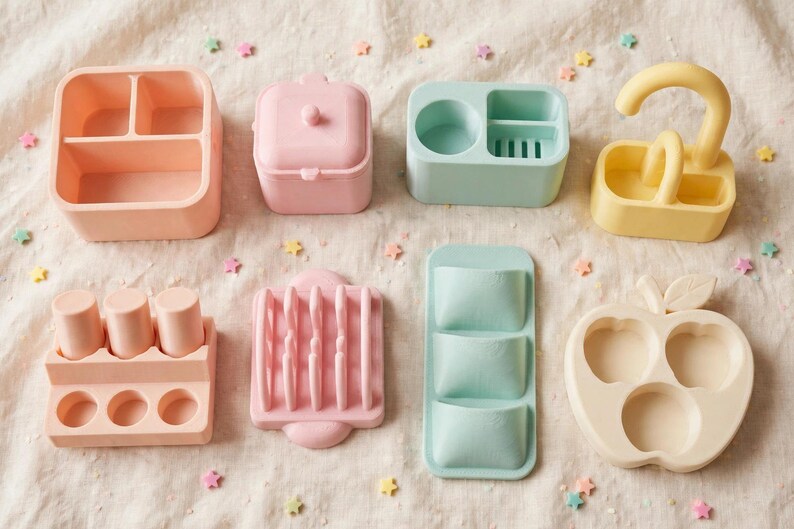 May include: A collection of eight pastel-coloured silicone organisers in peach, pink, mint green, and yellow. The set includes various shapes featuring compartments, slots, and a curved handle, designed for holding small items in a tidy arrangement.