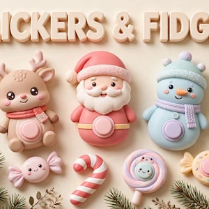 Puede incluir: Una colecci&oacute;n de juguetes fidget con tem&aacute;tica navide&ntilde;a que incluye un reno, Santa Claus y un mu&ntilde;eco de nieve, junto a un caramelo, un bast&oacute;n de caramelo, una piruleta y un dulce envuelto, todos con botones de clic, con el texto CLICKERS & FIDGET.