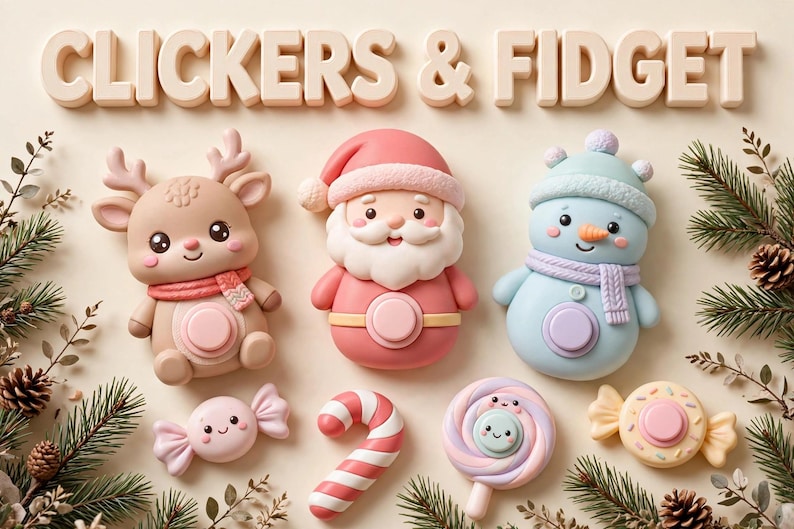 Puede incluir: Una colecci&oacute;n de juguetes fidget con tem&aacute;tica navide&ntilde;a que incluye un reno, Santa Claus y un mu&ntilde;eco de nieve, junto a un caramelo, un bast&oacute;n de caramelo, una piruleta y un dulce envuelto, todos con botones de clic, con el texto CLICKERS & FIDGET.
