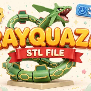 K&ouml;nnte beinhalten: Ein 3D-Modell der gr&uuml;nen schlangenartigen Kreatur Rayquaza mit gelben Markierungen auf einem Sockel. Das Bild enth&auml;lt den Text RAYQUAZA STL FILE, ein goldenes Abzeichen mit der Aufschrift HIGH QUALITY STL FILE und einen blauen Button INSTANT DOWNLOAD.