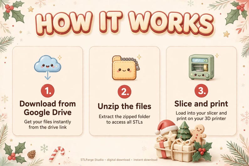 May include: An instructional graphic titled HOW IT WORKS with three steps: 1. Download from Google Drive with a cloud icon, 2. Unzip the files with a folder icon, and 3. Slice and print with a 3D printer icon. The border features holiday motifs.