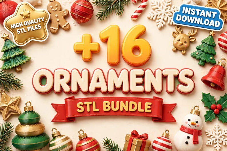 May include: A digital bundle of 16 Christmas ornament STL files featuring festive icons like gingerbread men, pine trees, snowflakes, reindeer, bells, and a snowman. The image includes text reading +16 ORNAMENTS STL BUNDLE, HIGH QUALITY STL FILES, and INSTANT DOWNLOAD.