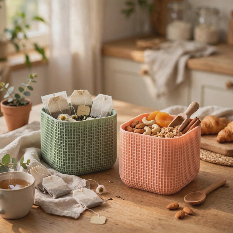 May include: Two square storage containers with a grid-patterned exterior. One container is sage green and holds several tea bags, while the other is peach-colored and contains a mix of nuts, dried apricots, and a small wooden scoop.
