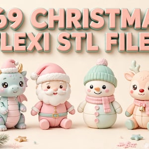 Puede incluir: Una colecci&oacute;n de cuatro figuras articuladas que incluye un drag&oacute;n azul claro con gorro de Pap&aacute; Noel, un Pap&aacute; Noel, un mu&ntilde;eco de nieve con gorro verde menta y un reno con bufanda rosa. El texto +69 CHRISTMAS FLEXI STL FILES aparece arriba.