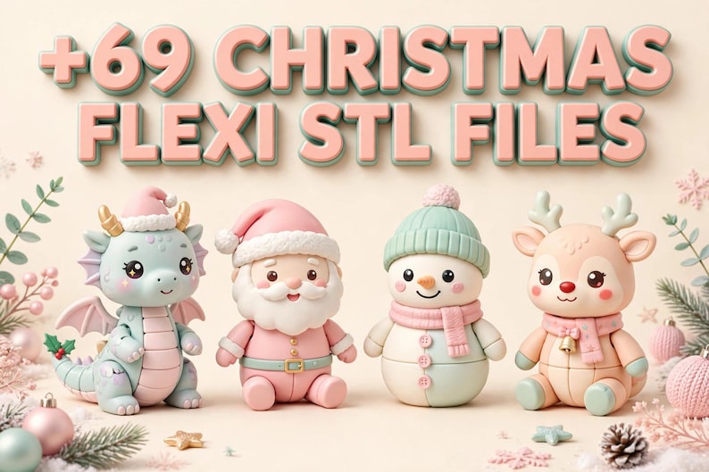 Puede incluir: Una colecci&oacute;n de cuatro figuras articuladas que incluye un drag&oacute;n azul claro con gorro de Pap&aacute; Noel, un Pap&aacute; Noel, un mu&ntilde;eco de nieve con gorro verde menta y un reno con bufanda rosa. El texto +69 CHRISTMAS FLEXI STL FILES aparece arriba.