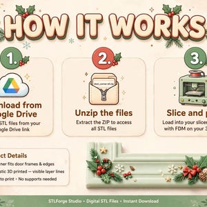 May include: An instructional graphic titled HOW IT WORKS showing three steps: downloading from Google Drive, unzipping files, and 3D printing. It features a light green L-shaped door corner decoration with holly, berries, and snowflakes.
