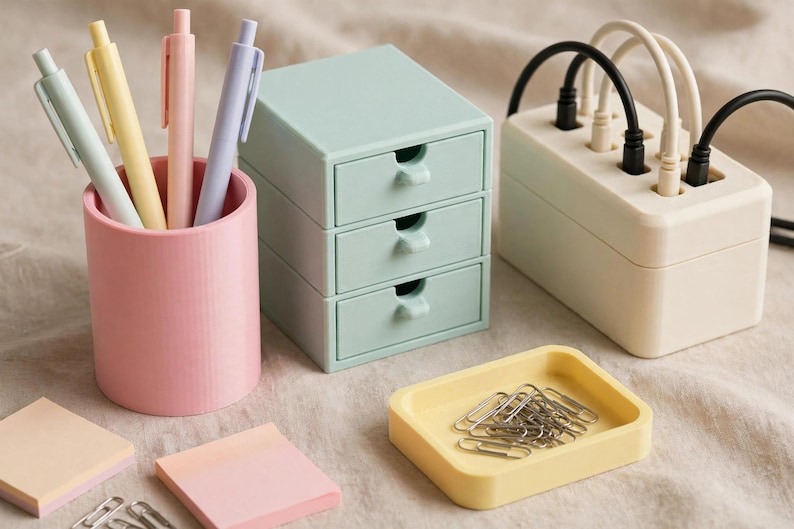 May include: A pink cylindrical pen holder containing four pastel pens, a light green three-drawer mini organiser, a cream-coloured cable management box with black and white cords, a yellow rectangular tray with metal paper clips, and sticky notes.