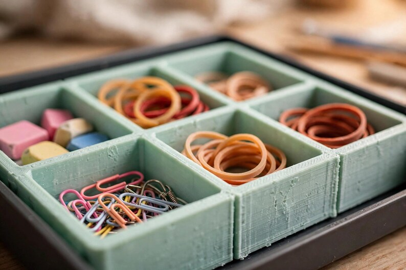 May include: A light green desk organiser with six square compartments containing various office supplies. The compartments hold small colourful rubber bands, pink, yellow, and blue square erasers, and assorted metal paper clips in pink and blue.