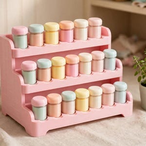 May include: A three-tiered pink plastic spice rack holding eighteen small clear glass jars with pastel-coloured lids in shades of mint green, peach, yellow, and cream. The rack features a stepped design to display the jars in organised rows.