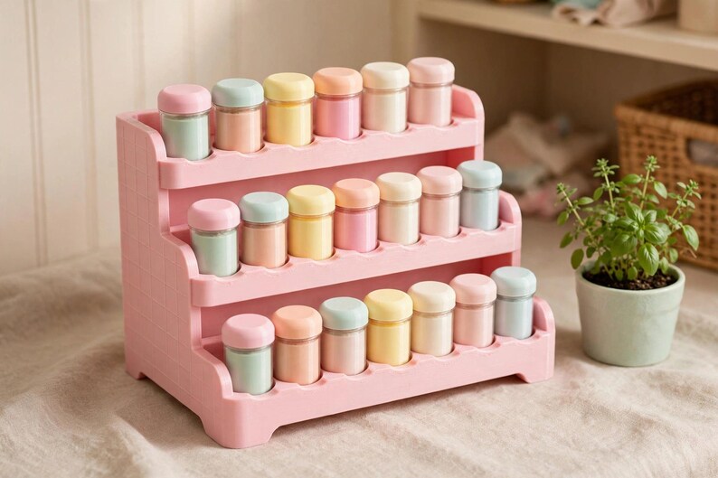 May include: A three-tiered pink plastic spice rack holding eighteen small clear glass jars with pastel-coloured lids in shades of mint green, peach, yellow, and cream. The rack features a stepped design to display the jars in organised rows.