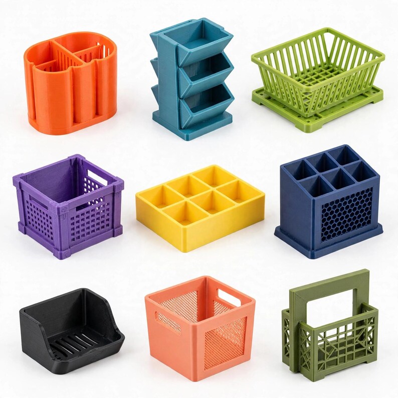 May include: A collection of nine small plastic desk organisers in various shapes and colours, including an orange multi-compartment holder, a blue tiered shelf, a green basket, a purple crate, a yellow grid tray, a dark blue honeycomb bin, a black tray, a peach mesh box, and an olive green caddy.