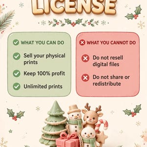 May include: A commercial license document featuring the text COMMERCIAL LICENSE, WHAT YOU CAN DO, and WHAT YOU CANNOT DO. Below, a festive 3D illustration shows a green Christmas tree, two snowmen, a reindeer, and a pink gift box with a bow.