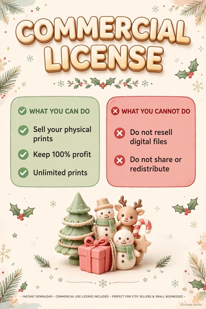 May include: A commercial license document featuring the text COMMERCIAL LICENSE, WHAT YOU CAN DO, and WHAT YOU CANNOT DO. Below, a festive 3D illustration shows a green Christmas tree, two snowmen, a reindeer, and a pink gift box with a bow.