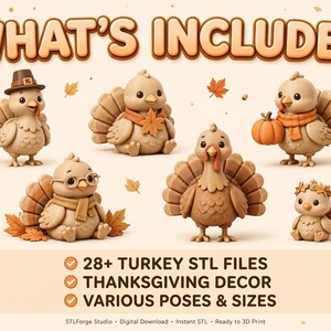 Pu&ograve; includere: Una collezione di cinque statuette di tacchino color marrone chiaro in varie pose, tra cui una con cappello, una con occhiali e una che tiene una zucca. Il testo WHAT'S INCLUDED appare in alto, con 28+ TURKEY STL FILES, THANKSGIVING DECOR e VARIOUS POSES & SIZES sotto.