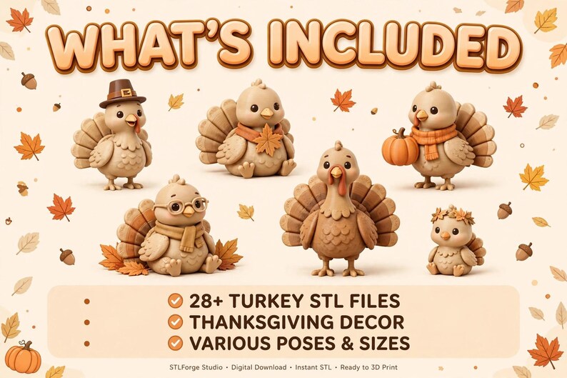 Pu&ograve; includere: Una collezione di cinque statuette di tacchino color marrone chiaro in varie pose, tra cui una con cappello, una con occhiali e una che tiene una zucca. Il testo WHAT'S INCLUDED appare in alto, con 28+ TURKEY STL FILES, THANKSGIVING DECOR e VARIOUS POSES & SIZES sotto.