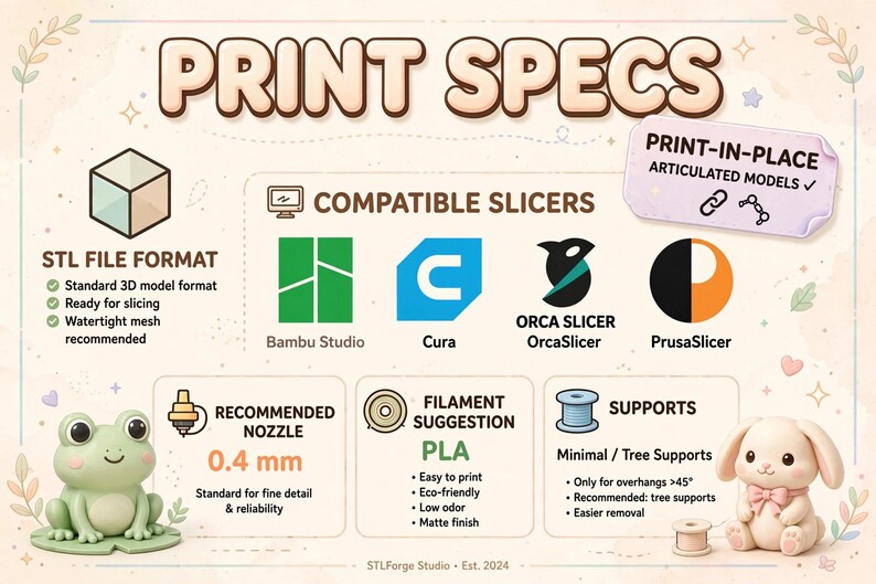 Puede incluir: Un gr&aacute;fico informativo titulado PRINT SPECS que detalla los requisitos de impresi&oacute;n 3D. Enumera el formato de archivo STL, laminadores compatibles como Bambu Studio, Cura, OrcaSlicer y PrusaSlicer, una boquilla de 0,4 mm, filamento PLA y soportes.