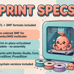 May include: A digital graphic titled PRINT SPECS featuring a 3D printer creating a small pink octopus. Text lists STL and 3MF formats, pre-colored 3MF for Bambu/AMS, print-in-place articulated models, compatibility with Bambu Studio, Cura, OrcaSlicer, PrusaSlicer.