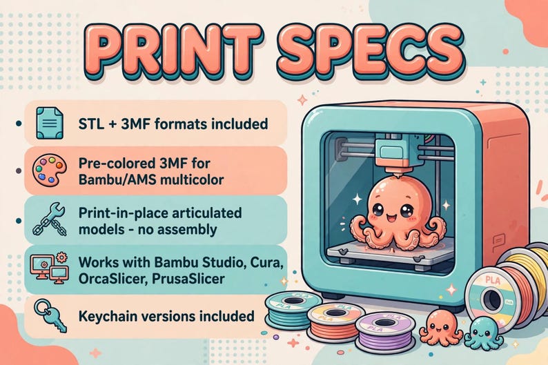 May include: A digital graphic titled PRINT SPECS featuring a 3D printer creating a small pink octopus. Text lists STL and 3MF formats, pre-colored 3MF for Bambu/AMS, print-in-place articulated models, compatibility with Bambu Studio, Cura, OrcaSlicer, PrusaSlicer.