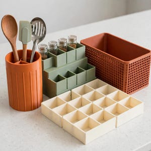 May include: A collection of kitchen organisers including a ribbed orange utensil holder with a wooden spoon, spatula, and slotted spoon, a tiered sage green spice rack with glass jars, a rectangular orange grid basket, and a cream-coloured tray divider.