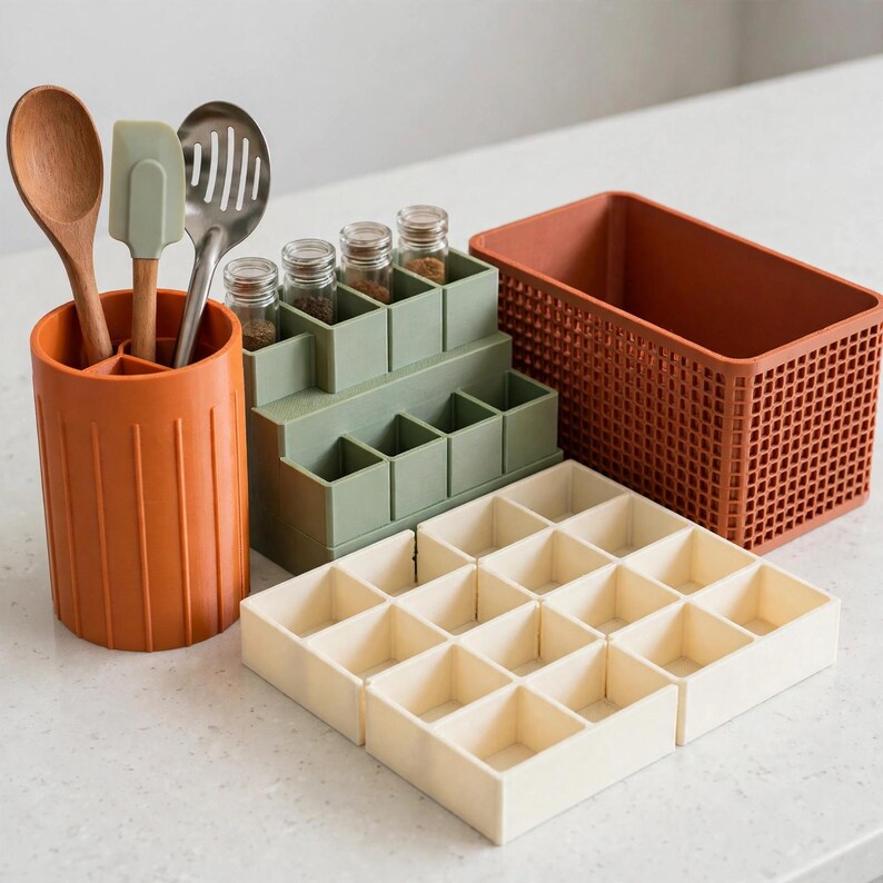 May include: A collection of kitchen organisers including a ribbed orange utensil holder with a wooden spoon, spatula, and slotted spoon, a tiered sage green spice rack with glass jars, a rectangular orange grid basket, and a cream-coloured tray divider.