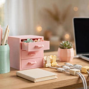 May include: A light green cylindrical pen holder containing four pastel pens, a small pink three-drawer desk organiser, a small beige notebook, a succulent in a pink geometric pot, and three white charging cables held by yellow clips.