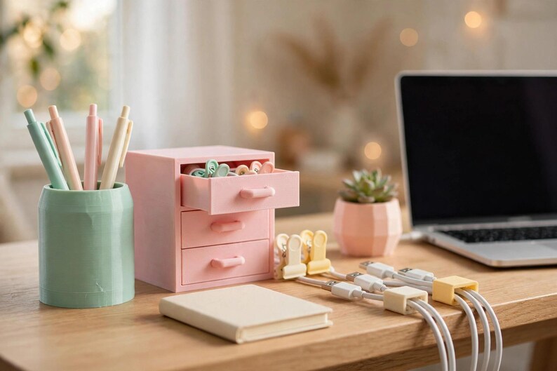 May include: A light green cylindrical pen holder containing four pastel pens, a small pink three-drawer desk organiser, a small beige notebook, a succulent in a pink geometric pot, and three white charging cables held by yellow clips.